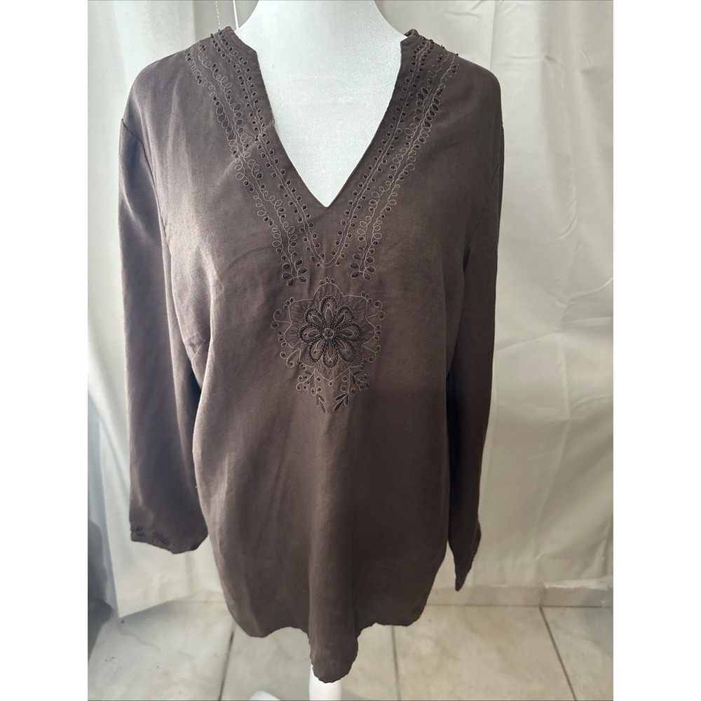 Josephine Chaus Linen Tunic Top Beaded Embroidered Boho Peasant BLOUSE SIZE L